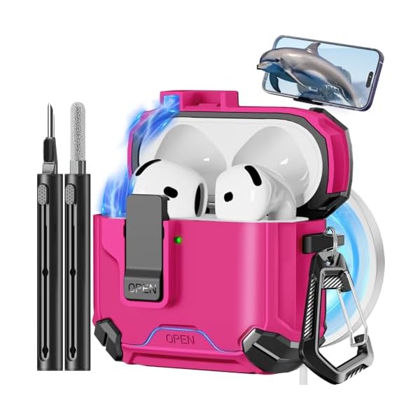 Compatible with AirPods 4th Case,Magnetic Automatic Lock with Phone Stand & Cleaning Kit,Compatible with Magsafe Cover -Rose red