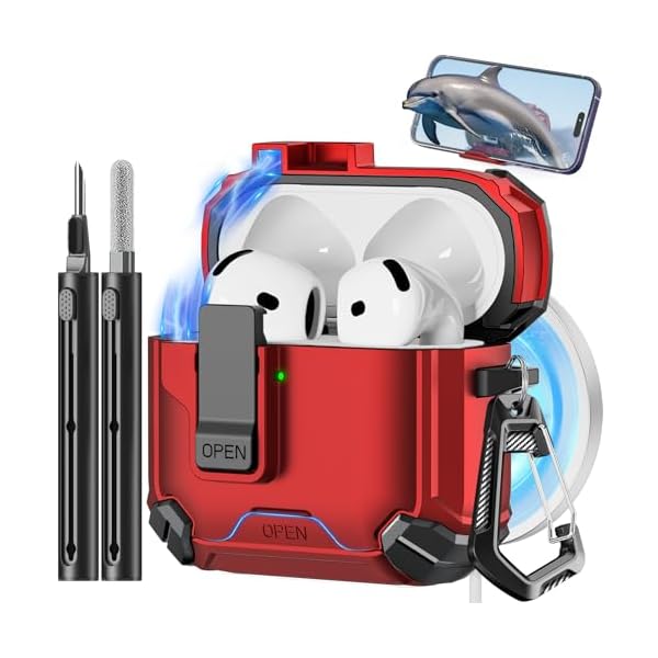 Compatible with AirPods 4th Case,Magnetic Automatic Lock with Phone Stand & Cleaning Kit,Compatible with Magsafe Cover -Red