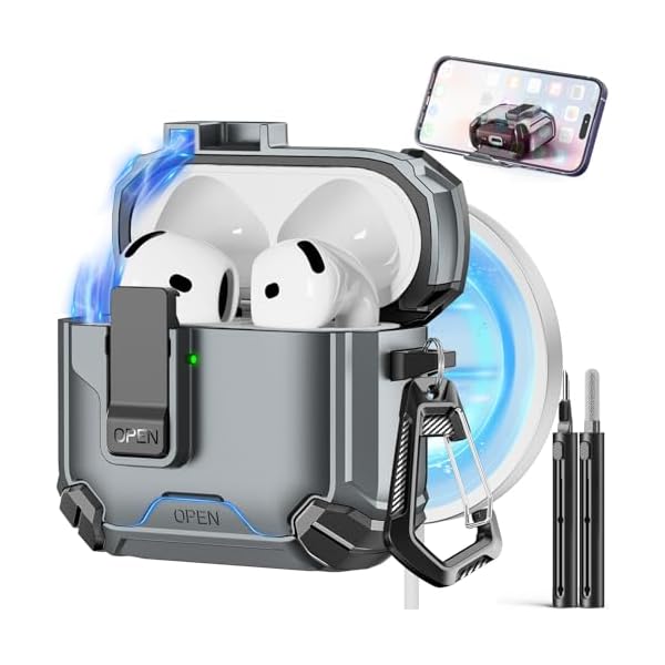 Compatible with AirPods 4th Case,Magnetic Automatic Lock with Phone Stand & Cleaning Kit,Compatible with Magsafe Cover -Silver