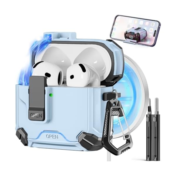 Compatible with AirPods 4th Case,Magnetic Automatic Lock with Phone Stand & Cleaning Kit,Compatible with Magsafe Cover -Sky Blue