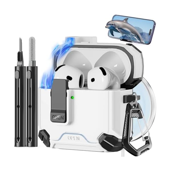 Compatible with AirPods 4th Case,Magnetic Automatic Lock with Phone Stand & Cleaning Kit,Compatible with Magsafe Cover -White