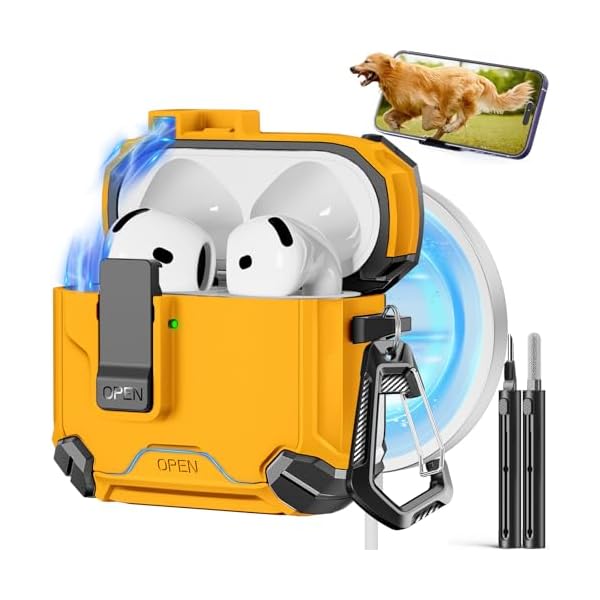 Compatible with AirPods 4th Case,Magnetic Automatic Lock with Phone Stand & Cleaning Kit,Compatible with Magsafe Cover -Yellow