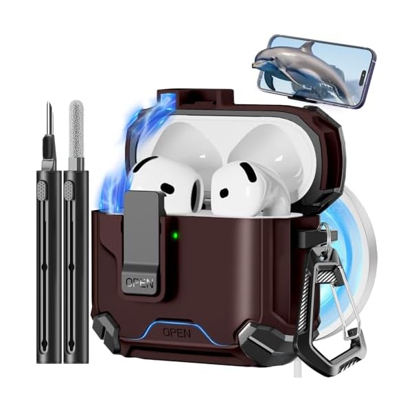 Compatible with AirPods 4th Case,Magnetic Automatic Lock with Phone Stand & Cleaning Kit,Compatible with Magsafe Cover -Brown