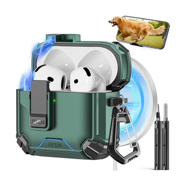 Compatible with AirPods 4th Case,Magnetic Automatic Lock with Phone Stand & Cleaning Kit,Compatible with Magsafe Cover -Green