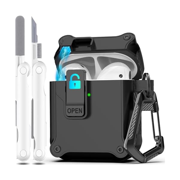 R-fun Compatible with AirPods 2nd Generation 2019,1st Gen 2016 Charging Case Cover, Full Drop Protection Auto Pop-Up Lid Compatible with Airpods Case with Cleaner Kit & Keychain,Black