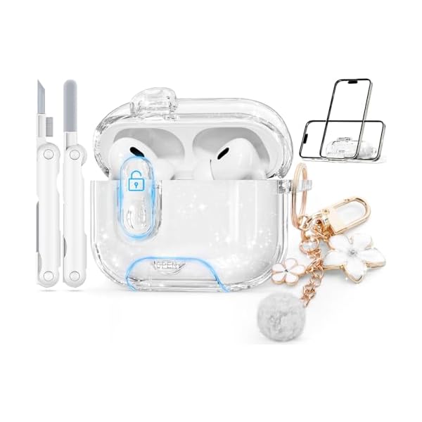 with Safety Lock for Airpods Pro 2 Case Cover,Clear Cases with Phone Stand & Cleaning Kit,Soft TPU Cover for AirPods Pro 2nd 1st Generation Case,Cute Bling Keychain for Women Girls-Clear Glitter