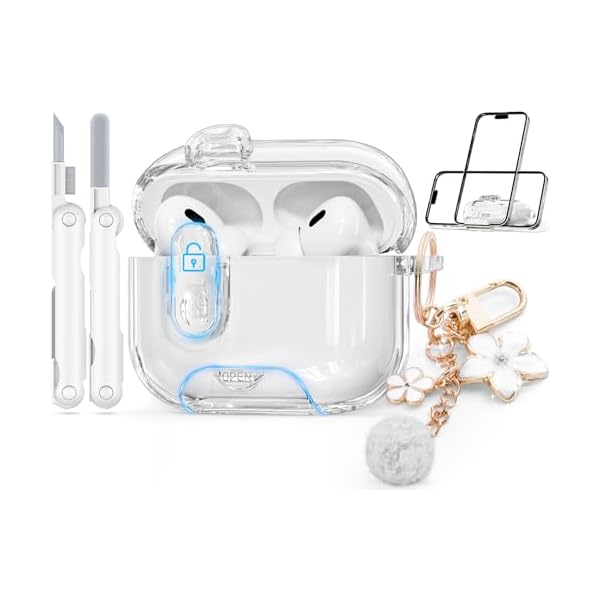 with Safety Lock for Airpods Pro 2 Case Cover,Clear Cases with Phone Stand & Cleaning Kit,Soft TPU Cover for AirPods Pro 2nd 1st Generation Case,Cute Bling Keychain for Women Girls-Clear+White
