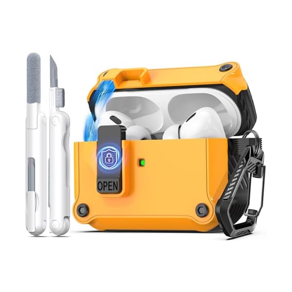 R-fun Compatible with AirPods Pro 2nd Generation 2023(USB-C),2022(Lightning Cable),1st Gen 2019 Charging Case, Full Drop Protection Auto Pop-Up Lid Design with Cleaner Kit,Yellow