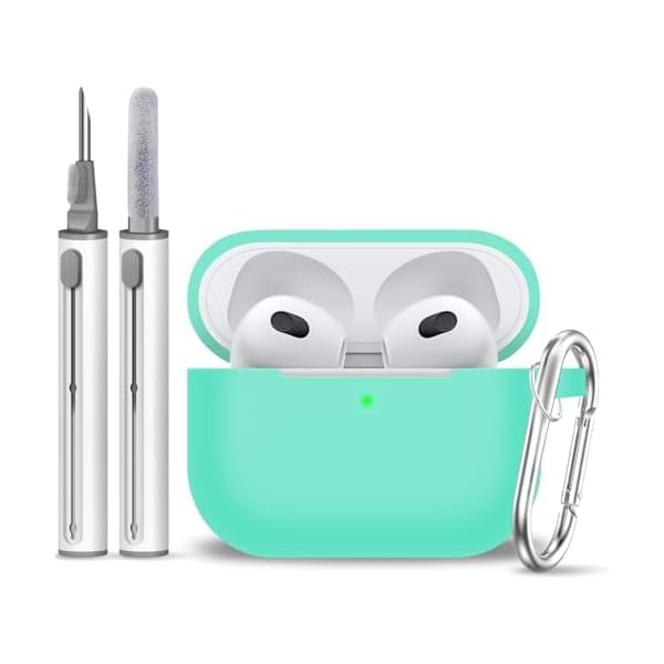 for AirPods 3 Case Cover, Silicone Protective Accessories Skin with Keychain and Cleaner Kit Compatible with AirPod 3rd Generation 2021 for Women Men,Front LED Visible-Mint Green