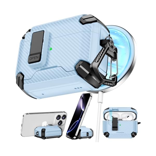 Compatible with AirPods Pro 2nd/1st Case,Magnetic Automatic Lock with Phone Stand & Cleaning Kit,Compatible with Magsafe,Carbon Fiber Texture Cover -Light Blue