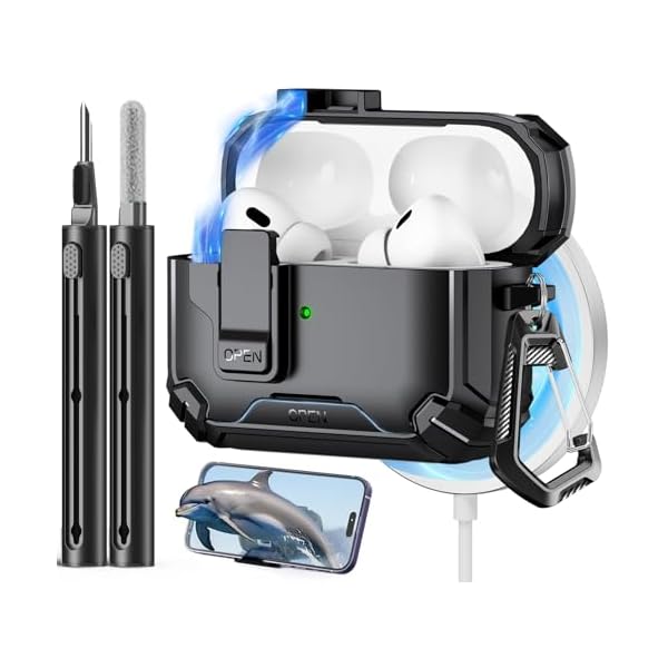 Compatible with AirPods Pro 2nd/1st Case,Magnetic Automatic Lock with Phone Stand & Cleaning Kit,Compatible with Magsafe Cover -Black