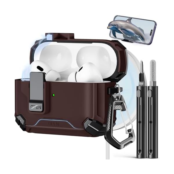 Compatible with AirPods Pro 2nd/1st Case,Magnetic Automatic Lock with Phone Stand & Cleaning Kit,Compatible with Magsafe Cover -Brown