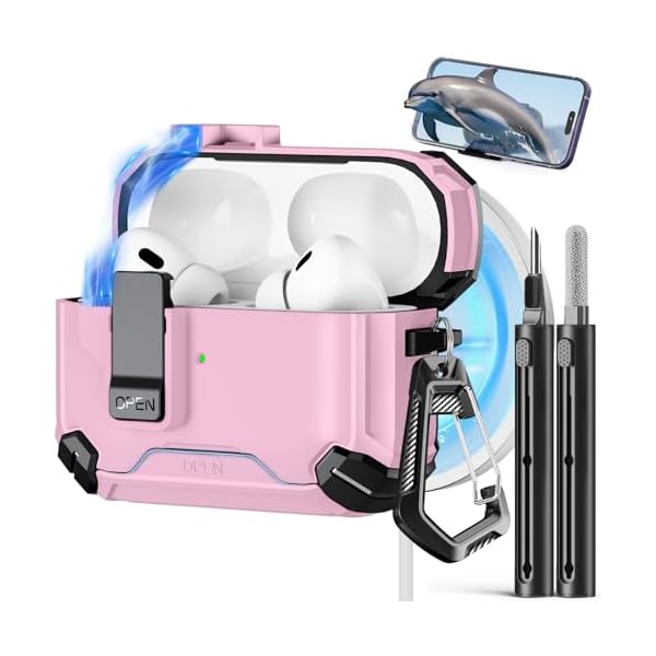Compatible with AirPods Pro 2nd/1st Case,Magnetic Automatic Lock with Phone Stand & Cleaning Kit,Compatible with Magsafe Cover -Pink