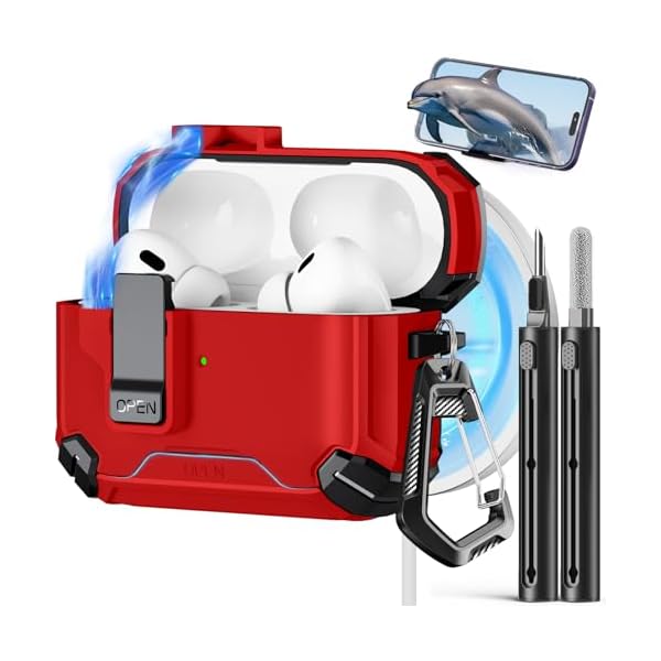 Compatible with AirPods Pro 2nd/1st Case,Magnetic Automatic Lock with Phone Stand & Cleaning Kit,Compatible with Magsafe Cover -C-RED