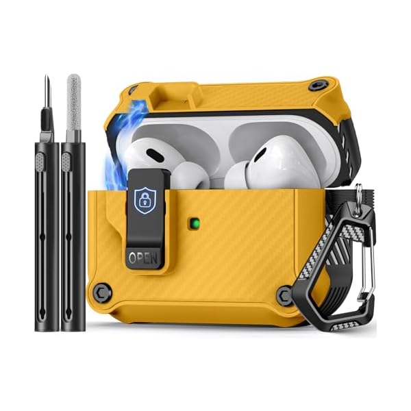 Compatible with AirPods Pro 2nd/1st Case,Magnetic Automatic Lock with Cleaning Kit,Compatible with Magsafe,Carbon Fiber Texture Cover -Yellow