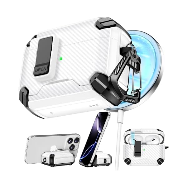 Compatible with AirPods Pro 2nd/1st Case,Magnetic Automatic Lock with Phone Stand & Cleaning Kit,Compatible with Magsafe,Carbon Fiber Texture Cover -White