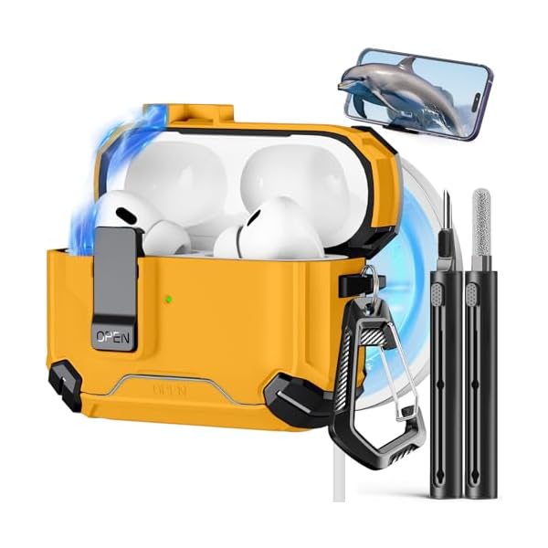 Compatible with AirPods Pro 2nd/1st Case,Magnetic Automatic Lock with Phone Stand & Cleaning Kit,Compatible with Magsafe Cover -Yellow