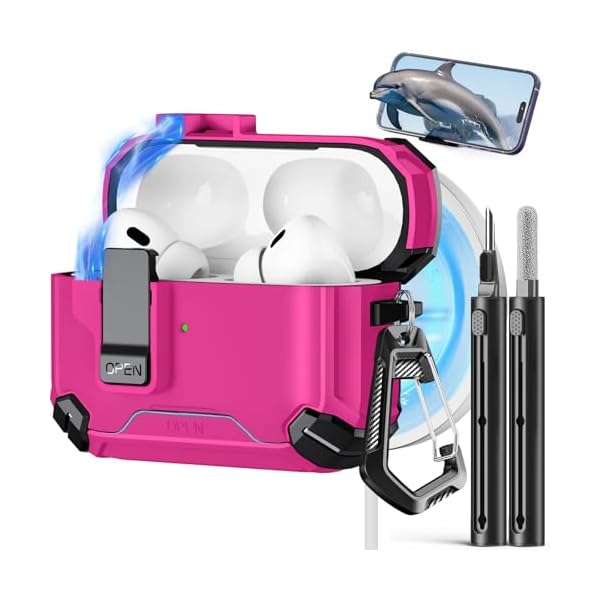 Compatible with AirPods Pro 2nd/1st Case,Magnetic Automatic Lock with Phone Stand & Cleaning Kit,Compatible with Magsafe Cover -Rose red