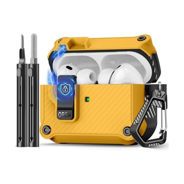 Compatible with AirPods Pro 3 Case,Magnetic Automatic Lock with Cleaning Kit,Compatible with Magsafe,Carbon Fiber Texture Cover-Yellow