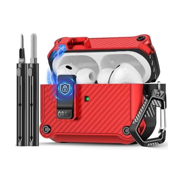 Compatible with AirPods Pro 3 Case,Magnetic Automatic Lock with Cleaning Kit,Compatible with Magsafe,Carbon Fiber Texture Cover-Red