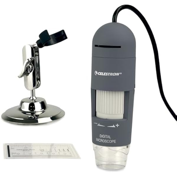 Celestron – Deluxe Handheld Digital Microscope – 2MP Image Sensor – 10x–200x Magnification – Software Captures Photos, Videos – LED Lighting – Stand Included – Ideal for Coins, Insects, Electronics