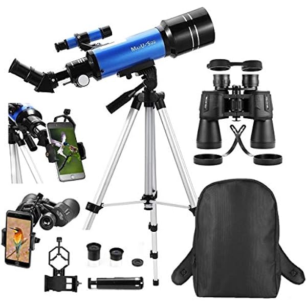 Travel Telescope with Backpack - 70mm Refractor Telescope & 10X50 HD Binoculars Bak4 Prism FMC Lens for Moon Viewing Bird Watching Sightseeing