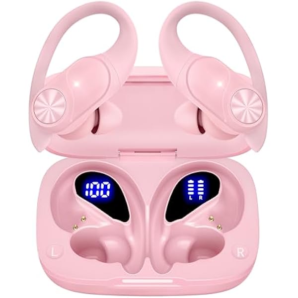 PocBuds Bluetooth Headphones Wireless Earbuds 80hrs Playtime Wireless Charging Case Digital Display Sports Ear Buds with Earhook Deep Bass IPX7 Waterproof Over-Ear Earphones for TV Phone Laptop Pink
