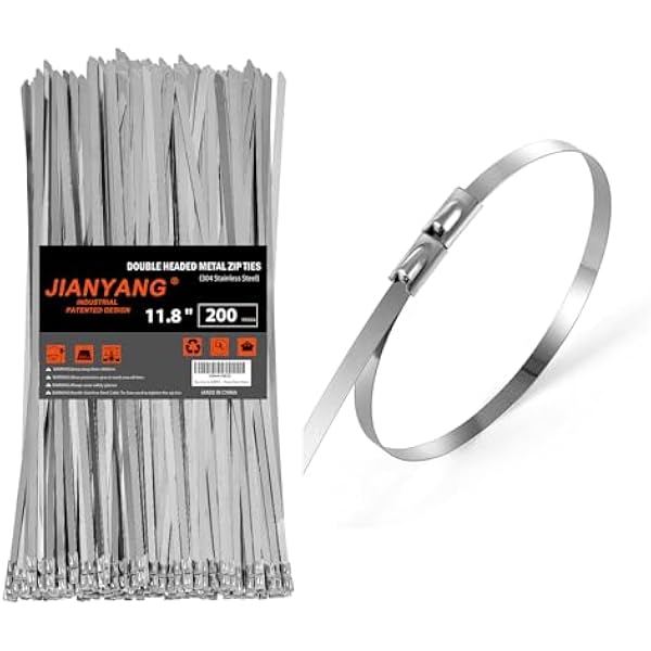 Metal Zip Ties (200PCS 11.8 Inch), 304 Stainless Steel, 300 LBS Heavy Duty Double Headed Self-locking Multi-Purpose Cable Ties for Exhaust Wrap, Chain Link Fence Parts, Machinery, Cables, Farms, Roofs