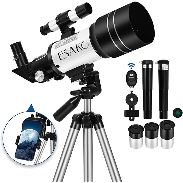 ESAKO Telescope for Kids & Beginners, 70mm Aperture Portable Telescopes with 3 Eyepieces, Height Adjustable Tripod & Phone Adapter & Remote Control