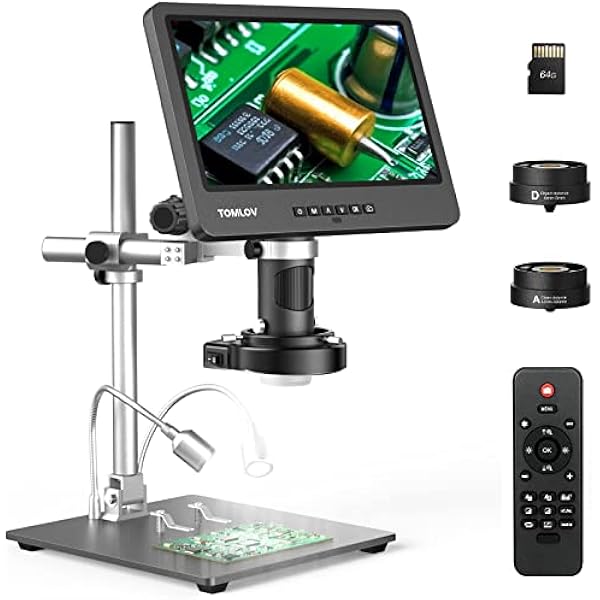 TOMLOV DM602 Pro 10.1" HDMI Digital Microscope 2000x, Pro Boom Arm Stand, LCD Soldering Microscope with 3 Lens, Adults Scope for Electronics Repair, Coin Magnifier Ring Light, PC Compatible, 64G