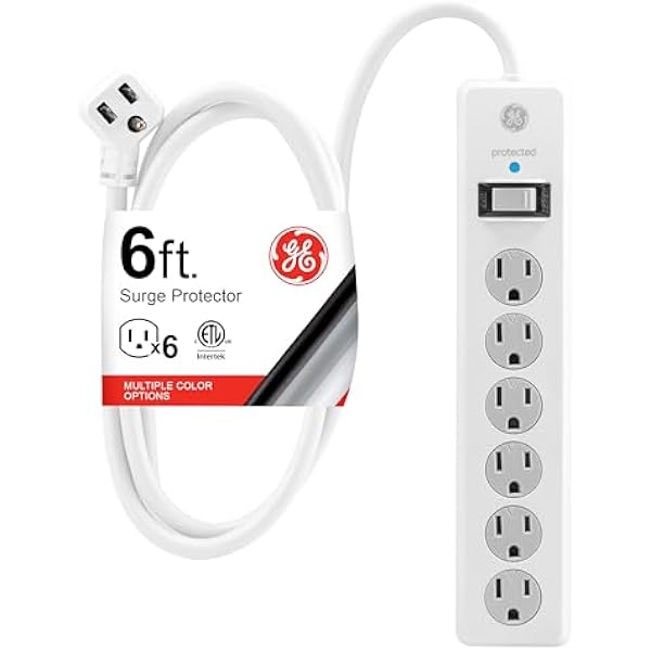GE Surge Protector Power Strip, 6 Ft Extension Cord, 6 Outlet Extender, 800 Joules, Flat Plug, Twist-to-Close Safety Covers, ETL Listed, White, 67051