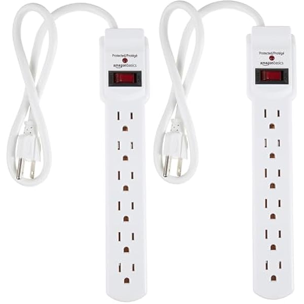 Amazon Basics Surge Protector Power Strip, 6-Outlet with 200J Protection, 2ft Extension Cord, Rectangle, White (2 Pack)