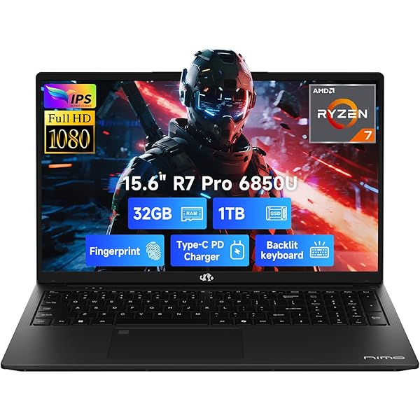 NIMO 15.6" Light-Gaming-Laptop, 8 Cores AMD Ryzen 7 Pro 6850U 32GB LPDDR5 RAM 1TB SSD (Beat i7-1360P Up to 4.7GHz) AMD Radeon 680M GPU IPS FHD Computer with 100W Type-C Backlit Keyboard Fingerprint