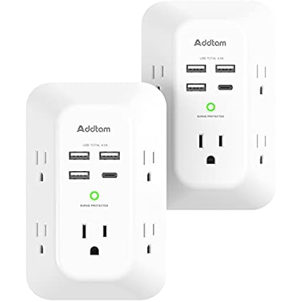 Addtam USB Wall Charger Surge Protector, 5 Outlet Extender with 4 USB Charging Ports 3 Sided 1800J Power Strip Multi Plug Outlets, Wall Adapter Spaced for Home Office, 2 Pack