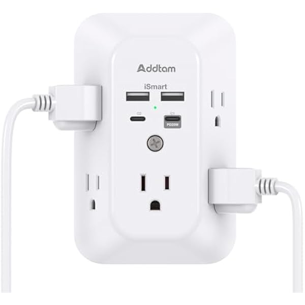 Addtam USB Wall Charger Surge Protector, 5 Outlet Extender with 4 USB Charging Ports 3 Sided 1800J Power Strip Multi Plug Outlets, Wall Adapter Spaced for Home Office, PD 20W