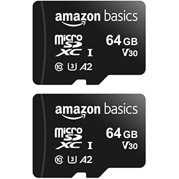 Amazon Basics MicroSDXC UHS-I Class 10 Memory Card with Full Size Adapter, A2, U3, V30, 4K, Read Speed up to 100 MB/s, 64 GB (2pack), for GoPro Cameras Storage, Black