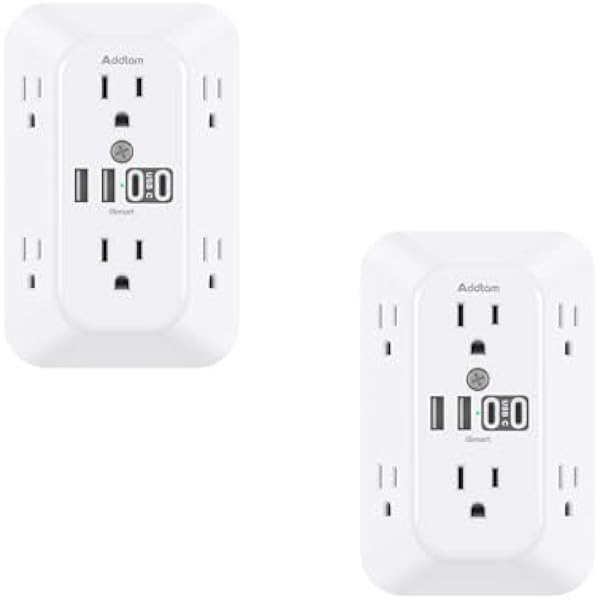 Addtam Surge Protector Outlet Extender, 6-Outlet Splitter with 4 USB Wall Charger(2 USB-C Ports), Multi Plug Wall Outlet 1800J Power Strip, 2 Pack