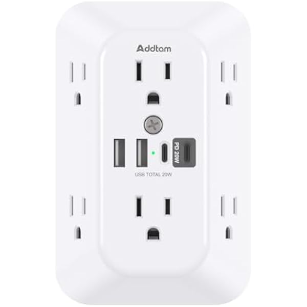 Addtam Surge Protector Outlet Extender, 6-Outlet Splitter with 4 USB Wall Charger(PD 20W), Multi Plug Wall Outlet 1800J Power Strip for Home Office Dorm Room Essentials