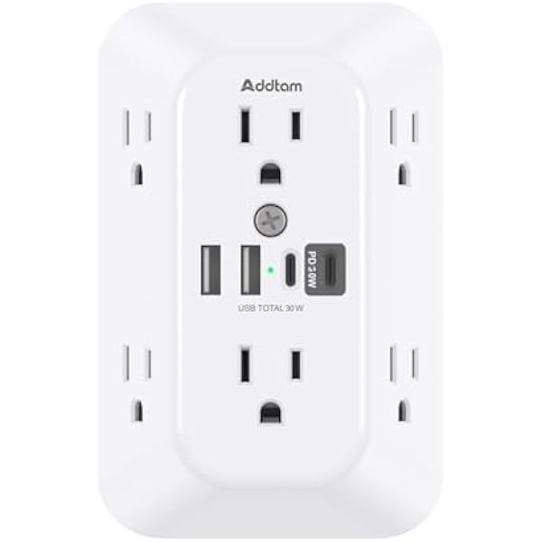 Addtam Surge Protector Outlet Extender, 6-Outlet Splitter with 4 USB Wall Charger(PD 30W), Multi Plug Wall Outlet 1800J Power Strip for Home Office Dorm Room Essentials