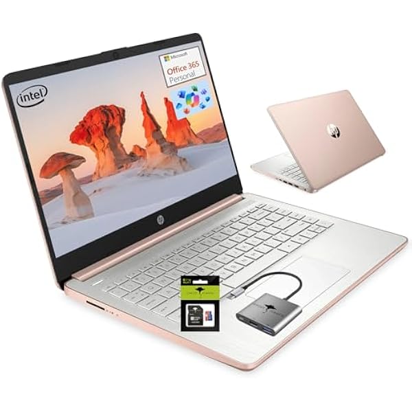 HP 14 Student-Laptop Back to School, Quad-Core Processor (Up to 3.6GHz) 8GB RAM 256GB Storage(128GB UFS + 128GB SD Card) Laptops for Student with 1-Year Office 365 Copilot AI Win11, Rose Gold