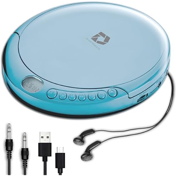 CD Player Portable with 60 Second Anti Skip, Stereo Earbuds, Includes Aux in Cable and AC USB Power Cable for use at Home or in Car. Blue
