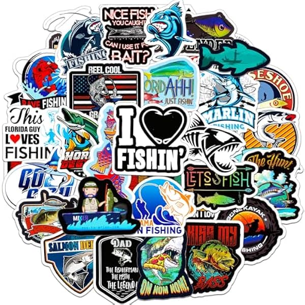 Fishing Stickers 100 Pcs Fun Fishing Sticker Pack, Waterproof Vinyl Stickers for Water Bottles Laptop Scrapbook Journal Skateboard Luggage Suitcases Notebook Diary Phone Scooter Binder Cup Bike etc