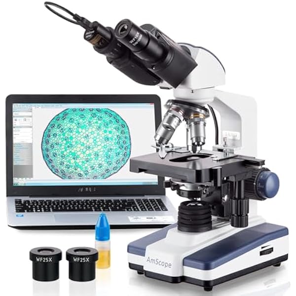 AmScope B120 Series Student & Professional LED Binocular Compound Microscope - 40X-2500X Magnification - Includes 3MP USB Camera & Siedentopf Head