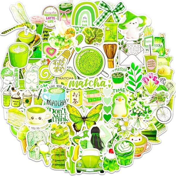 Water Bottle Stickers 100 Pcs Matcha Green Cute Sticker Pack, Waterproof Vinyl Stickers for Water Bottles Scrapbook Laptop Kindle Journal Skateboard Diary Luggage Suitcases Guitar Notebook Binder etc