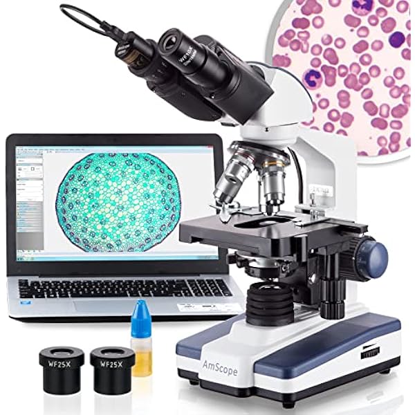 AmScope B120 Series Student & Professional LED Binocular Compound Microscope - 40X-2500X Magnification - Includes 5MP USB Camera & Siedentopf Head