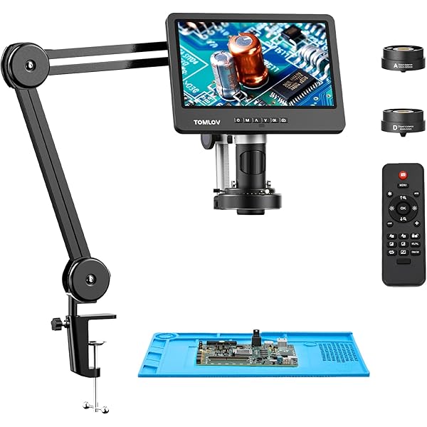 TOMLOV DM602 Flex Digital Soldering Microscope 2000x, Flexible Arm, 10.1" HDMI Microscope with 3 Lens, Coin Magnifier with Ring Light, Adults LCD Video Magnifying Glass, Electronic Repair Mat,64GB