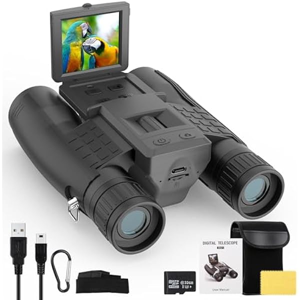 ZZSTAR 12x32 Binoculars with Camera, FMC & BAK4 Prism Lens, Large View, Portable High Powered Binoculars for Adults, 2" LCD Display 5MP 1080P Video Photo Recorder for Bird Watching Sport, Black
