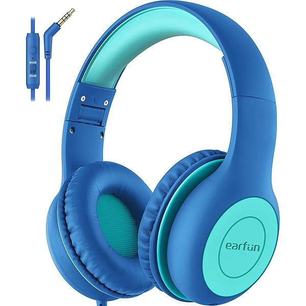 EarFun Kids Headphones Wired with Microphone, 85/94dB Volume Limit Headphones for Kids, Portable Wired Headphone with Shareport, Stereo Sound Foldable Headset for School/Tablet/iPad/Kindle Blue Green
