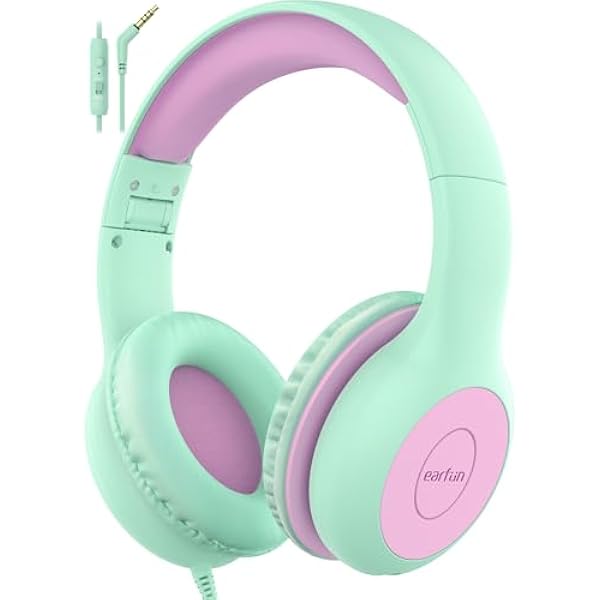 EarFun Kids Headphones Wired with Microphone, 85/94dB Volume Limit Headphones for Kids, Portable Wired Headphone with Shareport, Stereo Sound Foldable Headset for School/Tablet/iPad, Green Violet