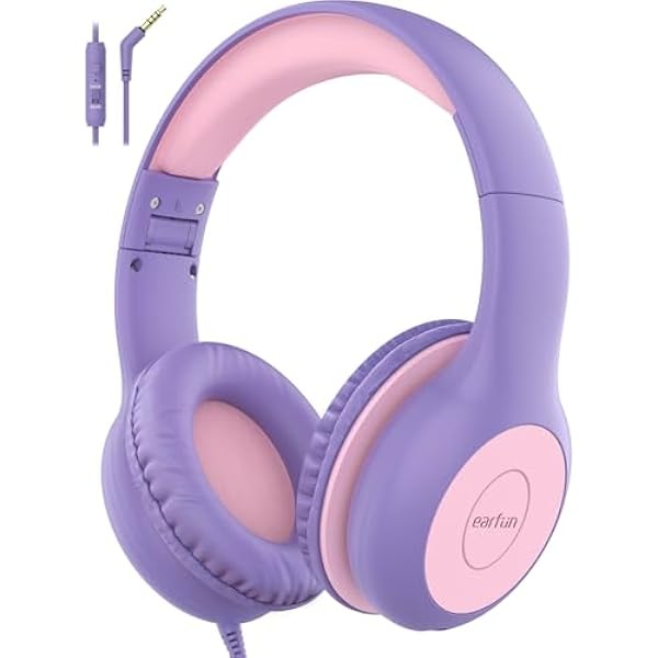 EarFun Kids Headphones Wired with Microphone, 85/94dB Volume Limit Headphones for Kids, Portable Wired Headphone with Shareport, Stereo Sound Foldable Headset for School/Tablet/iPad, Violet Pink